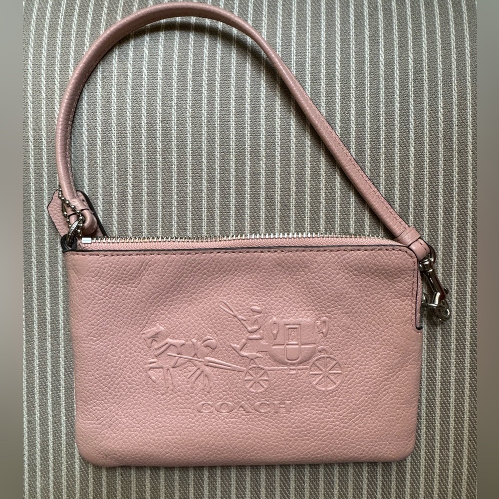 Coach Leather Carriage Logo Embossed Small Wristlet Pouch Pink